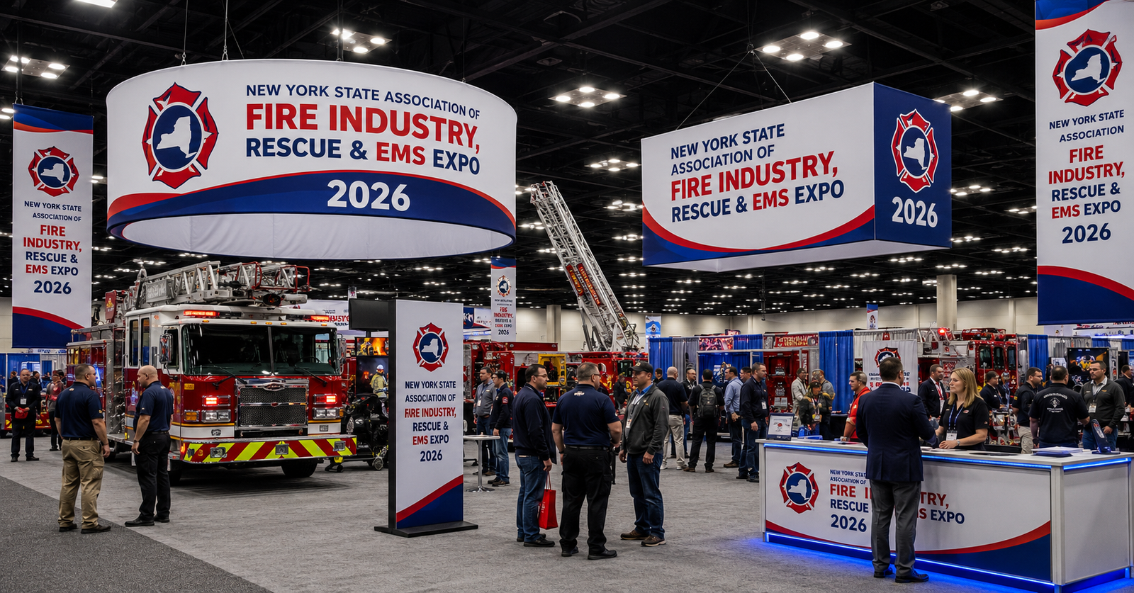 New York State Association of Fire Chiefs Fire Industry, Rescue & EMS Expo 2026 exhibition floor featuring fire trucks, emergency response equipment, branded expo banners, and attendees networking inside a large convention center.